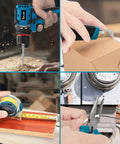 Collage showing 21V Brushless Cordless Drill Set With Fast Charging 2Ah Batteries Heavy Duty Power Drill And Screwdriver Kit For Home Reno Garden And DIY Projects 119 Piece