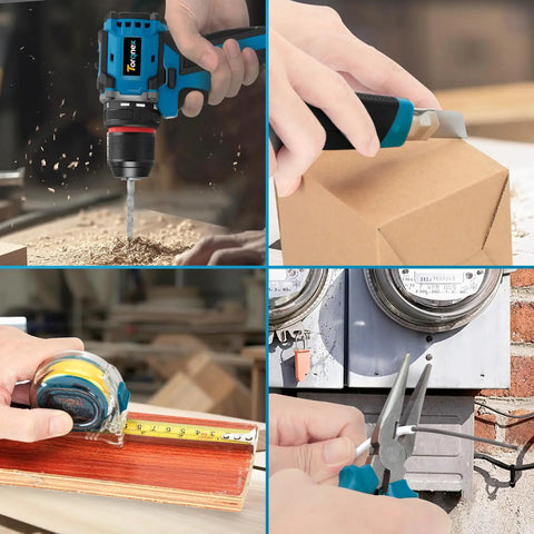 Collage showing 21V Brushless Cordless Drill Set With Fast Charging 2Ah Batteries Heavy Duty Power Drill And Screwdriver Kit For Home Reno Garden And DIY Projects 119 Piece