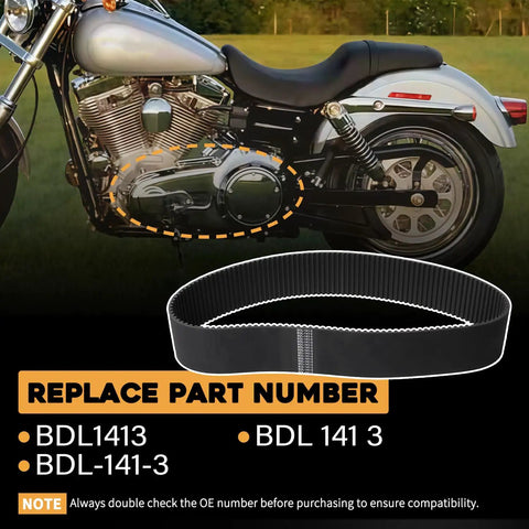 Heavy Duty 3 Inch HTD Drive Belt 141T 8MM Fits Harley Davidson Softail EVO 1990-2006 BDL Kit shown with Harley motorcycle engine.