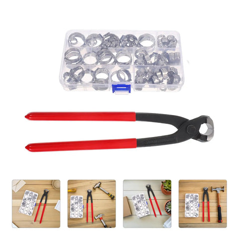 Kick Your Plumbing Game Up With This Heavy Duty Single And Double Ear Hose Clamp Tool Kit Ranging From 6mm To 23.5mm For A Tight Leak Free Grip On Any Pipe Or Hose Job Without The Hassle. stainless steel ear clamps in organizer with pliers