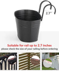10.5 Inch Metal Iron Hanging Flower Pots For Balcony Railing And Fence Window Garden Decor 3 Pack With Detachable Hooks Black Countryside Style Plant Holders For Home, showing example installation on various railings with sizing details.