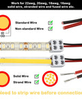 Diagrams showing how to connect 25 Pack Solderless 2 Pin LED Tape Light Connectors Screw Down Terminal Block to wires, emphasizing stripping.