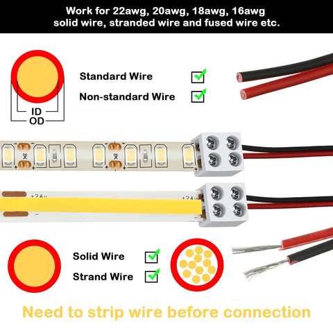 Diagrams showing how to connect 25 Pack Solderless 2 Pin LED Tape Light Connectors Screw Down Terminal Block to wires, emphasizing stripping.