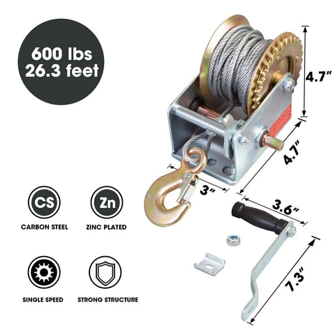 Beefy Manual Hand Crank Winch, 600 Lb Capacity, 26.3 Ft Steel Cable, Rugged Portable Tool for Trailers and Off Road Work, Carbon Steel With Zinc Plated Finish side view