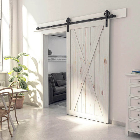 Installed Beefy 8 Foot Sliding Barn Door Hardware Kit Black Track System in modern interior setting