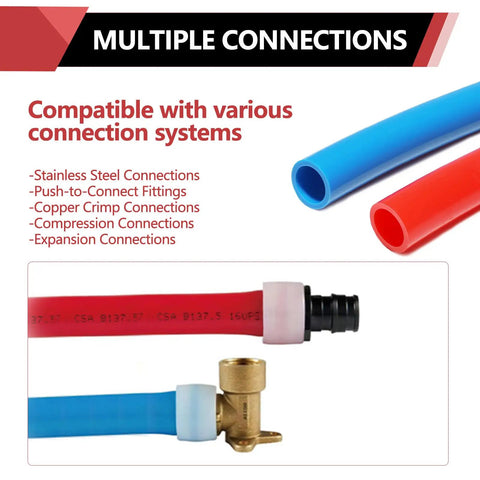 2x100 Ft Pex A Tubing Kit With Blue And Red 1/2 Inch Pex A Pipe, 15 Fittings Elbow Tee Coupler, 50 Expansion Rings, 50 Clamps, And 1/2 Inch Pipe Cutter For A DIY Ready Pro Grade Home Plumbing Upgrade showing red and blue tubing with fittings