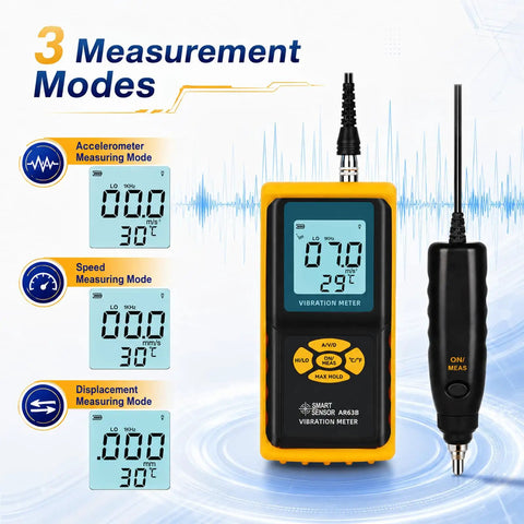 3 In 1 Digital Vibration Meter Vibrometer For Shop Floor Diagnostics, Real Time Vibration Analysis, Piezoelectric Sensor Vibe Checker, Rotating And Reciprocating Equipment Monitor, Pro Grade Tool, handheld yellow-black unit