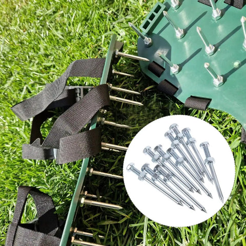 Game Changing Heavy Duty Lawn Aerator Spike Shoes With 2.75 Inch Metal Replacement Pegs on grass, showing spikes and straps.
