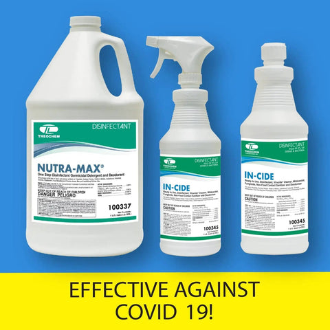 Three bottles of hospital-grade disinfectant cleaner, including a spray, on a blue and yellow background with COVID-19 text