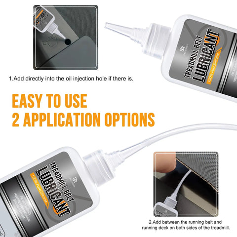 7oz Silicone Treadmill Belt Lubricant with application tubes showing two easy application options, high temp resistant, odorless.