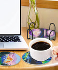 8 Piece Diamond Art Coaster Kit With Holder Dope Landscape Themed DIY Art Coasters on desk with coffee