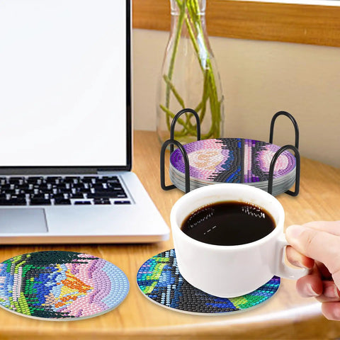 8 Piece Diamond Art Coaster Kit With Holder Dope Landscape Themed DIY Art Coasters on desk with coffee
