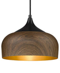 Modern Walnut Wood Dome Pendant Light Matte Black Metal With Warm Gold Interior Adjustable Hanging Fixture in close-up view.