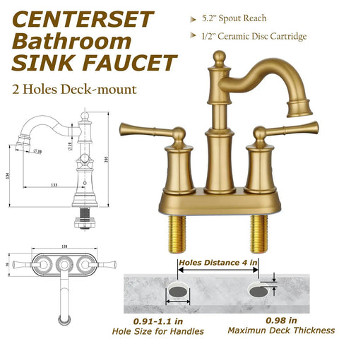 Diagram of Roman Style Bathroom Sink Faucet With Deck Or Wall Mount Setup, Brushed Gold Finish, 2 Hole Deck Mount, includes measurements.