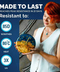 Woman holding Deep Pour Epoxy Resin Kit 51 Oz for 2 inch pours, showcasing UV and heat resistance features on packaging.