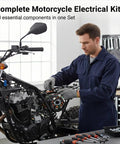 Mechanic installing all in one wiring harness kit for 125cc and 150cc GY6 engines with CDI stator regulator ignition coil on motorcycle