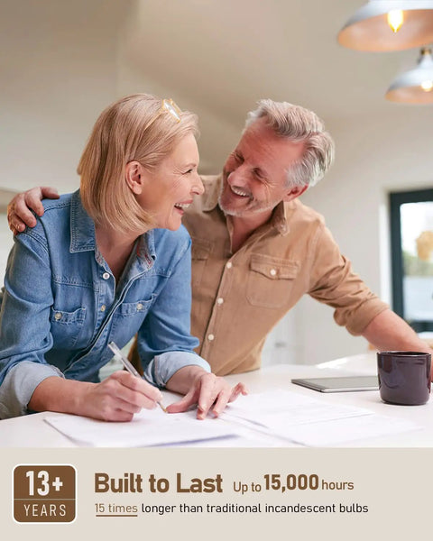 Happy couple in kitchen, warm light from E12 LED Candelabra Bulbs Dimmable, 40 Watt Equal, Ideal For Chandeliers, 2700K Soft Warm Glow