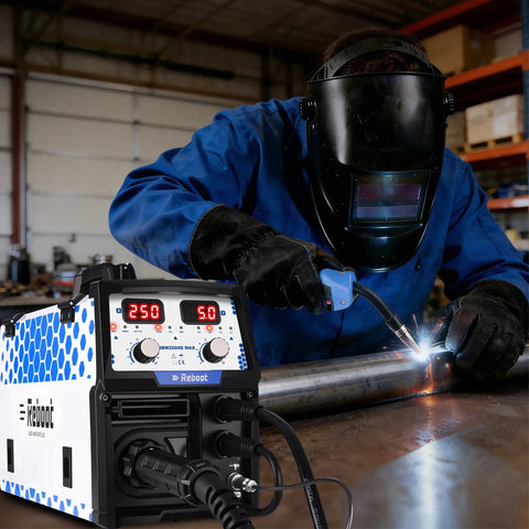 Welder using Five In One MIG Welder 250A Multiprocess Workhorse With Spool Gun Ready For Aluminum Lift TIG in a workshop