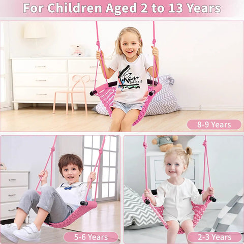 Children using Kid Friendly Rope Swing Seat For Indoor Outdoor Playset, Adjustable Toddler Swing With Snap Hooks And Straps, Pink