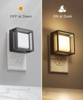 Two Pack LED Night Lights That Plug Into Wall With Dusk To Dawn Sensor showing off and on modes.