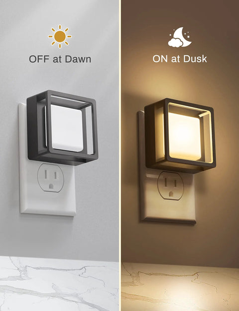 Two Pack LED Night Lights That Plug Into Wall With Dusk To Dawn Sensor showing off and on modes.