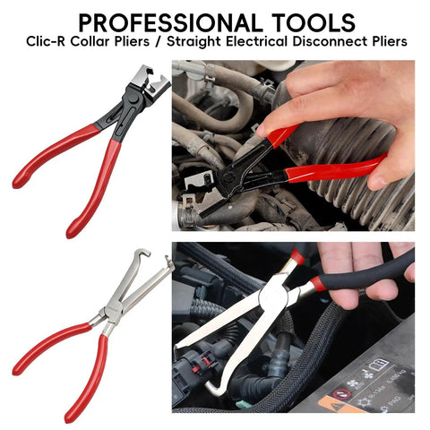 17-Piece Hose Clamp Pliers Set Go-To Long Reach Pliers for auto repair with red handles and angled jaws in automotive use