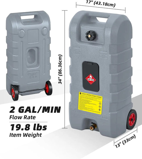 Big 15 Gallon Portable Fuel Caddy With Easy Siphon Pump And Leak Proof Valves On Wheels For Safer Gas Storage And Transport On The Go, gray caddy with wheels, 34 inches tall, 17 inches wide, 19.8 lbs.