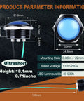 Blue 22mm LED Indicator Light 110 220VAC Waterproof IP67 Raised Head Pilot Lamp With Wire No Fuss Install For Household Appliances DIY 20mA Aluminum Alloy Black Anodized Shell 2 Pack, side view with 145mm lead