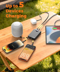 Pocket Sized 10000 Mah Portable Charger With Four Built In Cables Ultra Slim Power Bank For iPhone And Android charging multiple devices.