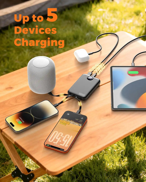 Pocket Sized 10000 Mah Portable Charger With Four Built In Cables Ultra Slim Power Bank For iPhone And Android charging multiple devices.