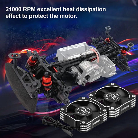 Ultra Fast RC Brushless Motor Cooling Fan For 1 8th And 1 10th Scale Cars, 35mm Diameter, displayed with RC car chassis