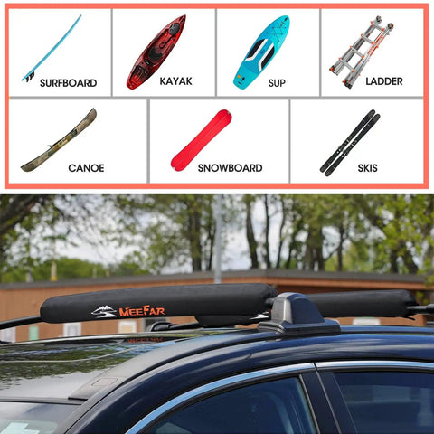Universal Car Roof Rack Pads For Kayak Surfboard SUP Canoe With Heavy Duty Tie Down Straps installed on car crossbar