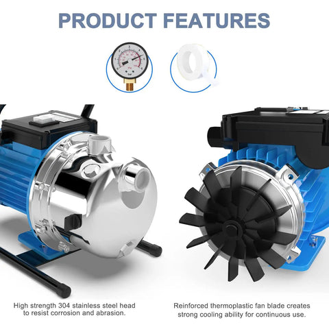 Smooth Operator 1.6Hp Shallow Well Jet Pump Featuring Rugged Stainless Steel Build For Effortless Garden Irrigation Lawn Care And Quick Property Draining Moves Up To 1600 side view showing features and fan blade design.