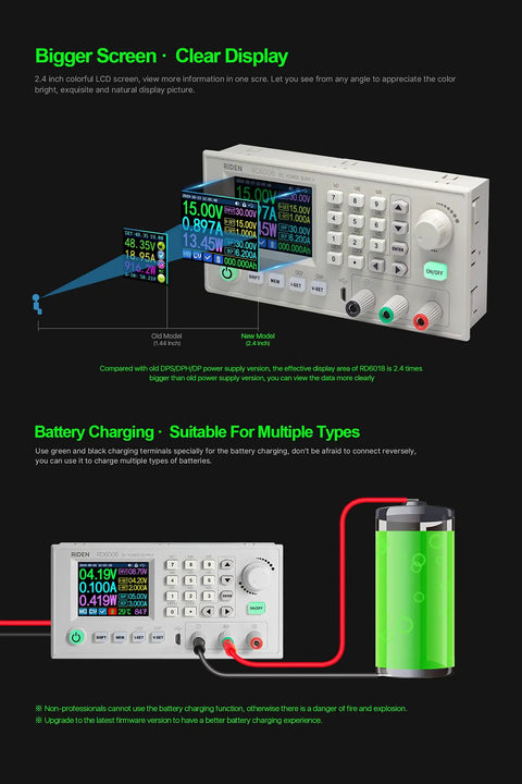 Display of 6006 60V 6A DC DC Step Down Power Supply Kit with battery charging feature, showing voltage and current on screen