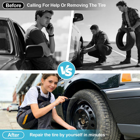 Before and after using Emergency Tire Plug Kit With 60 Pieces Quick Screw Type Plugs For Car Motorcycle Truck Tractor SUV Roadside Repair No Jack Or Wrench Needed Ultra Seal Fast Flat Tire Fix