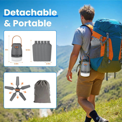 Straight Up Badass 21 Inch Portable Ceiling Fan With Built In Rechargeable Battery And Wireless Remote Bright Led Light shown on a hiker's backpack.
