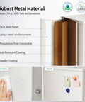 Diagram showing features of the Sturdy 0.9mm Steel Cube Storage Organizer With Door 11 By 11 By 11 Inches Compact Desk Side Cabinet Boss Grade Stackable Modular Metal Bin For Office And Home No Fuss Odor Free And Durable, including robust metal material, easy-to-clean surface, and magnetic door functionality.