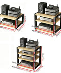 Multi Tier HiFi Rack With Solid Wood And Stainless Steel Brackets Anti Vibration Desktop Audio Stand For Amplifier CD Player And Speakers Perfect For Your Pro Gear Home Audio Setup In A Corner Black 48x50cm. Two and three tier versions with speakers and audio equipment.
