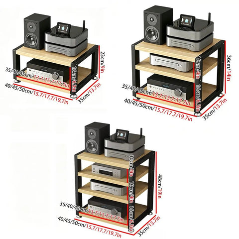 Multi Tier HiFi Rack With Solid Wood And Stainless Steel Brackets Anti Vibration Desktop Audio Stand For Amplifier CD Player And Speakers Perfect For Your Pro Gear Home Audio Setup In A Corner Black 48x50cm. Two and three tier versions with speakers and audio equipment.