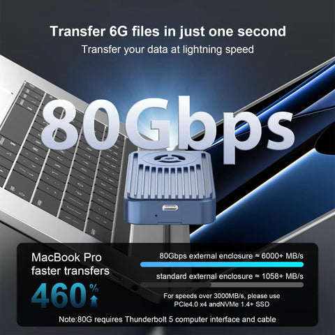 Premium 80Gbps M.2 Nvme Enclosure Featuring Active Cooling Fan And Thunderbolt 5 Usb4 V2.0 Support next to a laptop.