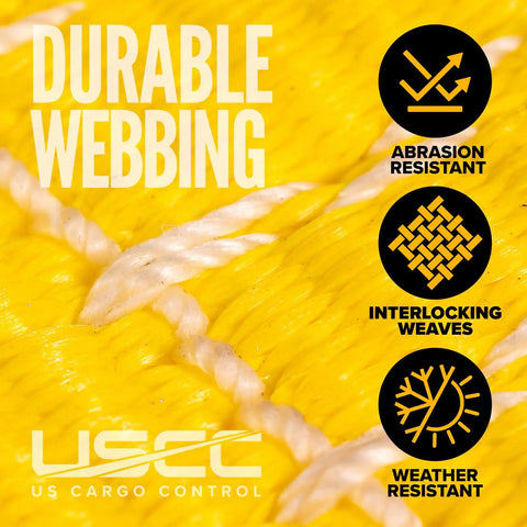 Close-up of yellow polyester webbing showing abrasion resistance and interlocking weaves for durability.