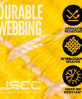 Close-up of durable yellow polyester webbing highlighting abrasion resistance and interlocking weaves for 196 Pack 2 In X 50 Ft Ratchet Straps With Flat Hooks Heavy Duty Workhorse Polyester Webbing Tie Downs 10,000 Lbs Break Strength Yellow Flatbed Trailer Truck Hay Baler Load Securement Toughest Bulk Pallet.