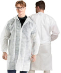Front and back view of Disposable White Lab Coat For Medical Settings, Large, Case Of 30, Unisex Fit, Latex Free PPE Coat With Snaps