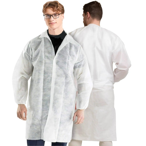 Front and back view of Disposable White Lab Coat For Medical Settings, Large, Case Of 30, Unisex Fit, Latex Free PPE Coat With Snaps