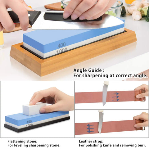 Pro Grade Whetstone Knife Sharpening Set With Four Sided Grit 400 1000 And 3000 8000 Includes Bamboo Base Flattening Stone Angle Guide