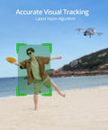 Atom 3 Axis Gimbal 4K GPS Drone Under 249g with Visual Tracking capturing a person playing with a frisbee on the beach