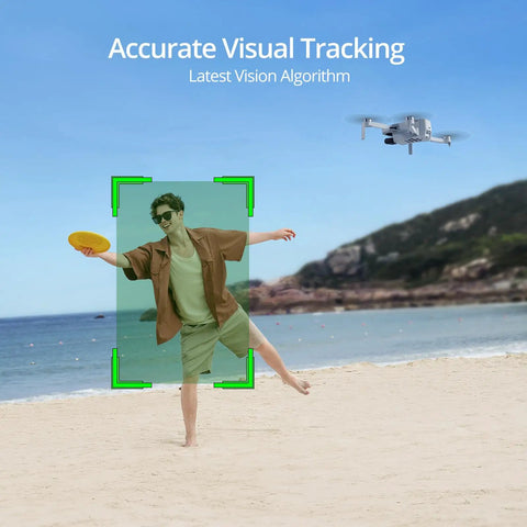 Atom 3 Axis Gimbal 4K GPS Drone Under 249g with Visual Tracking capturing a person playing with a frisbee on the beach
