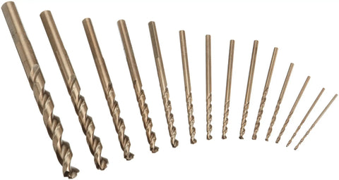 14 Piece Cobalt Alloy Pilot Point Drill Bit Set For Metalworking Boss Grade Bits with varying sizes, stainless steel bits displayed