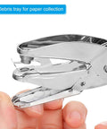 Close-up of soft grip Dual Size Circle Hole Punch with debris tray for paper craft and scrapbooking, showing removable handles.