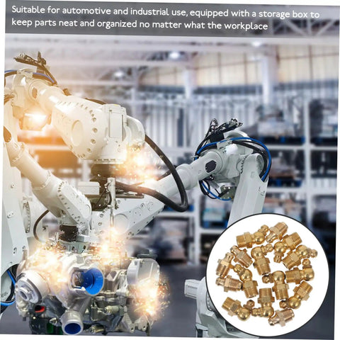 Robot assembling Grease Fitting Assortment Kit With Angled Nozzles For Cars Trucks Bikes And Industrial Use in factory setting